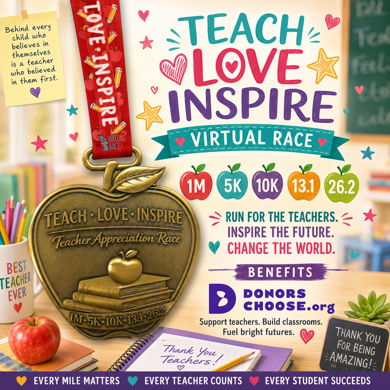 Virtualrunevent Teacher Appreciation Virtual Race 2026 medal with engraved design celebrating teaching, love, and inspiration.