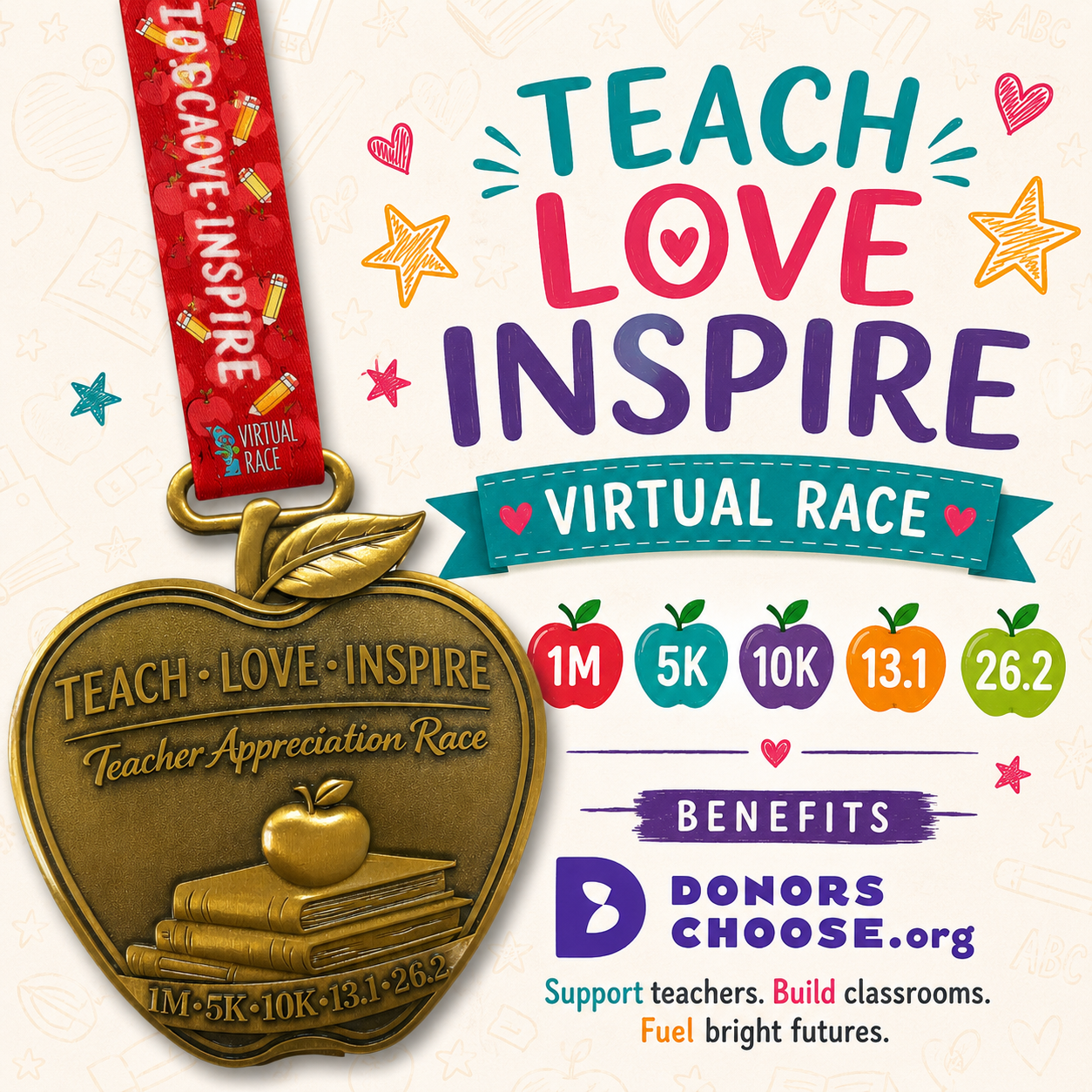 Silver Teacher Appreciation Virtual Race 2026 medal by virtualrunevent featuring engraved "Teach Love Inspire" message.