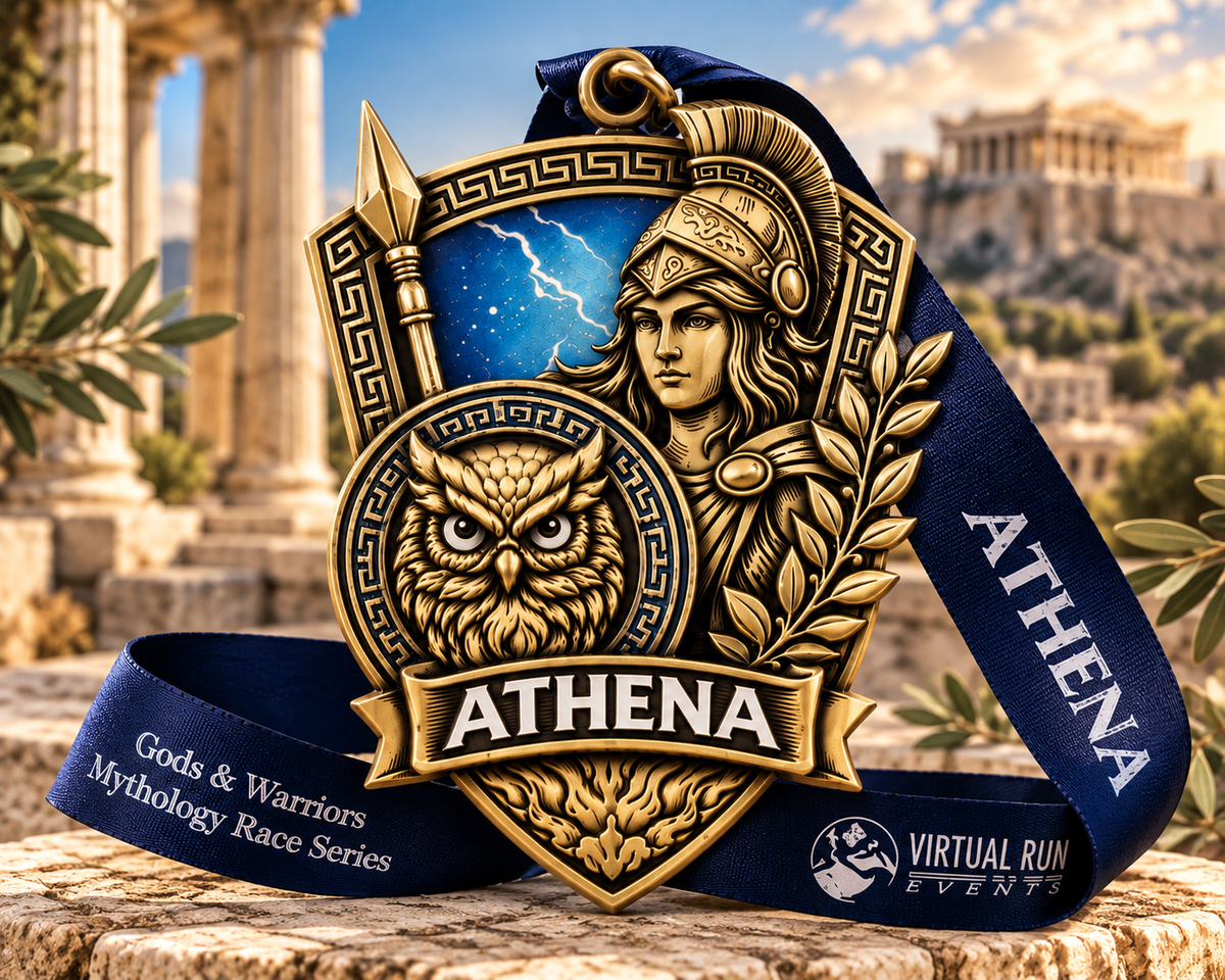 Athena Virtual Race medal featuring Greek goddess Athena, for 5K, 10K, Half Marathon, and Marathon virtual running events