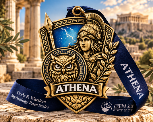 Athena Virtual Race medal featuring Greek goddess Athena, for 5K, 10K, Half Marathon, and Marathon virtual running events