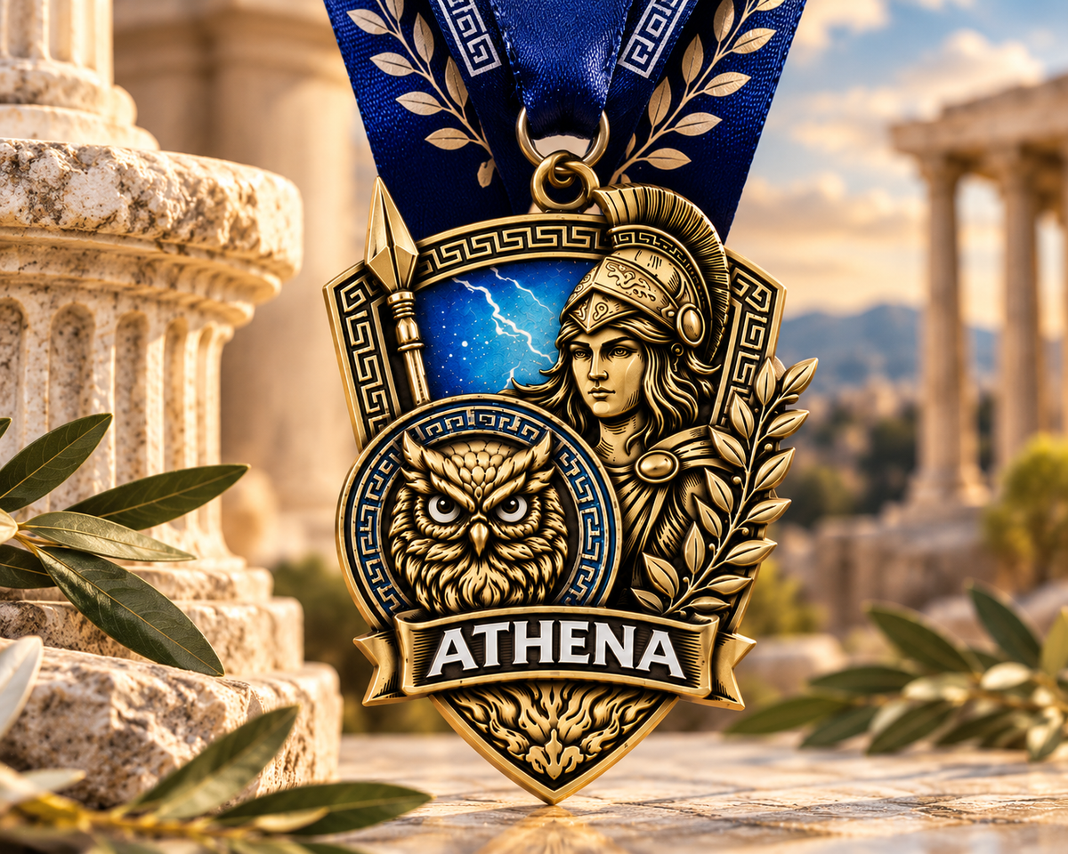Athena Virtual Race medal featuring Greek mythology design for 5K, 10K, half marathon, and marathon events by virtualrunevent