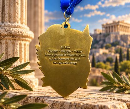 Athena Virtual Race medal featuring Greek mythology design for 5K, 10K, half marathon, and marathon events by virtualrunevent