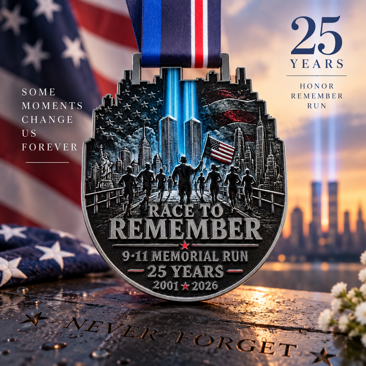 Silver Race to Remember 9/11 Memorial Run medal with engraved logo and text, featuring a ribbon and patriotic design.