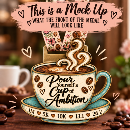 Limited edition "Pour Yourself a Cup of Ambition" medal by virtualrunevent featuring a coffee cup design for virtual race finishers.