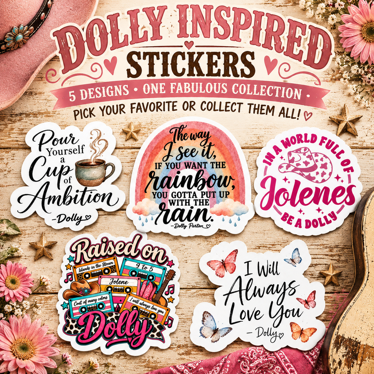 Dolly Inspired Country Music Sticker Collection medal featuring five country-themed designs by virtualrunevent.