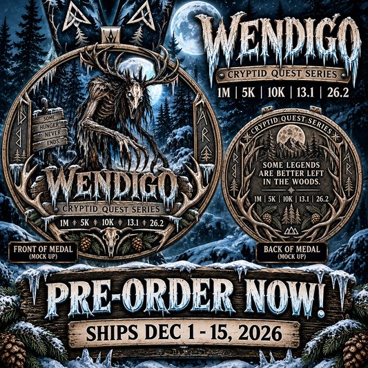 Frostbound Wendigo medal from Virtual Race Series, featuring a detailed mythical creature design for 1M, 5K, 10K, half, and full marathon distances