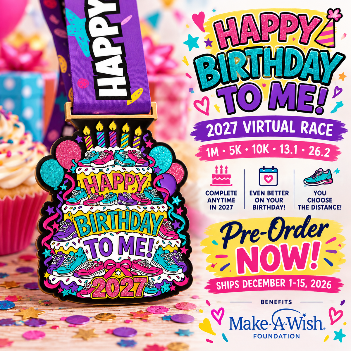 Virtualrunevent Happy Birthday to Me 2027 medal for virtual 5K, 10K, Half Marathon, and Marathon race finisher.