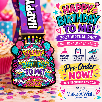 Virtualrunevent Happy Birthday to Me 2027 medal for virtual 5K, 10K, Half Marathon, and Marathon race finisher.