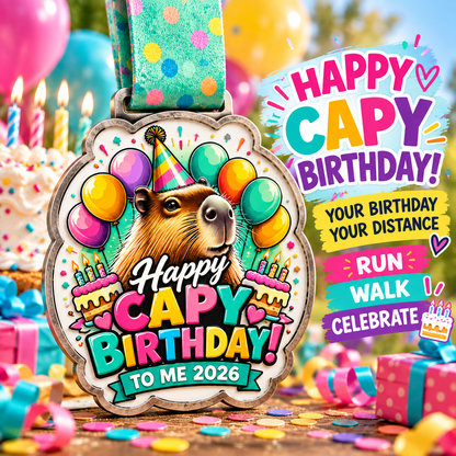 Happy Capy Birthday Race finisher medal from Virtual Run Event featuring colorful birthday-themed design and celebration elements.