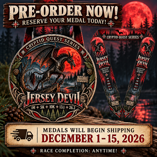 Jersey Devil Virtual Race medal featuring a detailed design, for 1M, 5K, 10K, Half Marathon & Marathon by virtualrunevent.