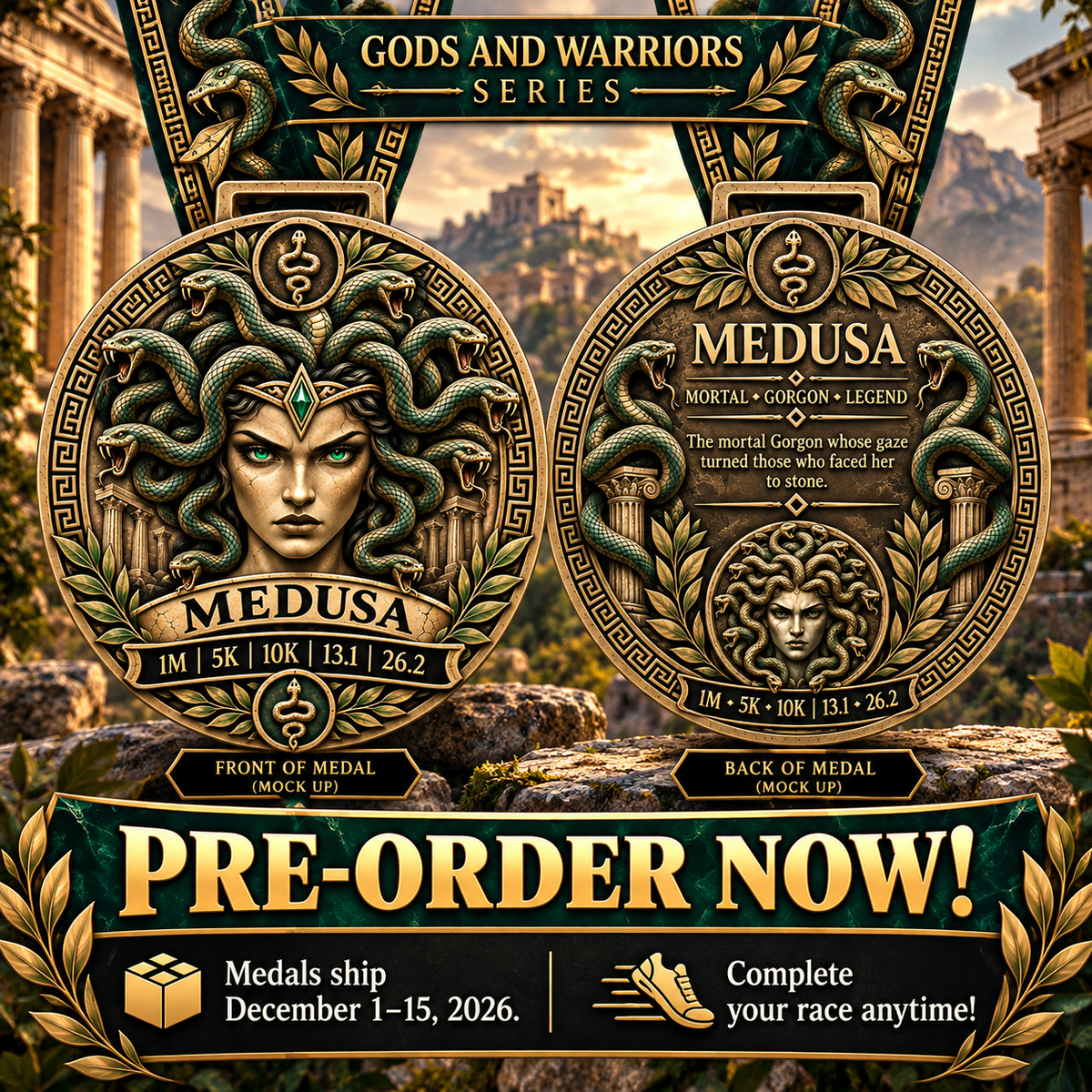 Medusa Virtual Race medal from Gods & Warriors Series, 1M, 5K, 10K, 13.1, 26.2, featuring Medusa design for virtual run events.