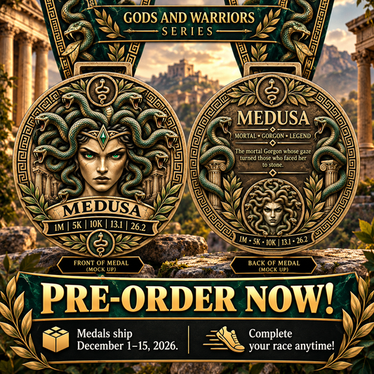 Medusa Virtual Race medal from Gods & Warriors Series, 1M, 5K, 10K, 13.1, 26.2, featuring Medusa design for virtual run events.