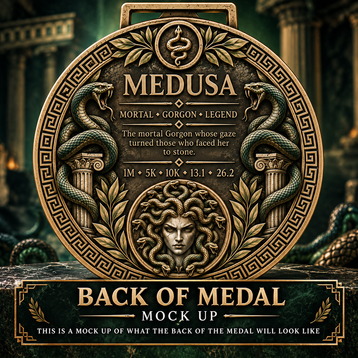 Medusa Virtual Race medal from Gods & Warriors Series, showcasing intricate Medusa design for 1M, 5K, 10K, half, and full marathons.
