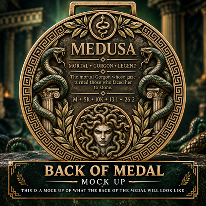 Medusa Virtual Race medal from Gods & Warriors Series, showcasing intricate Medusa design for 1M, 5K, 10K, half, and full marathons.