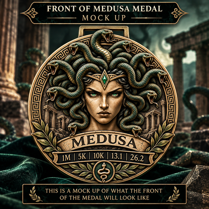 Medusa Virtual Race medal from Gods & Warriors Series, featuring a detailed Medusa design for 5K, 10K, half, and full marathon finishers.