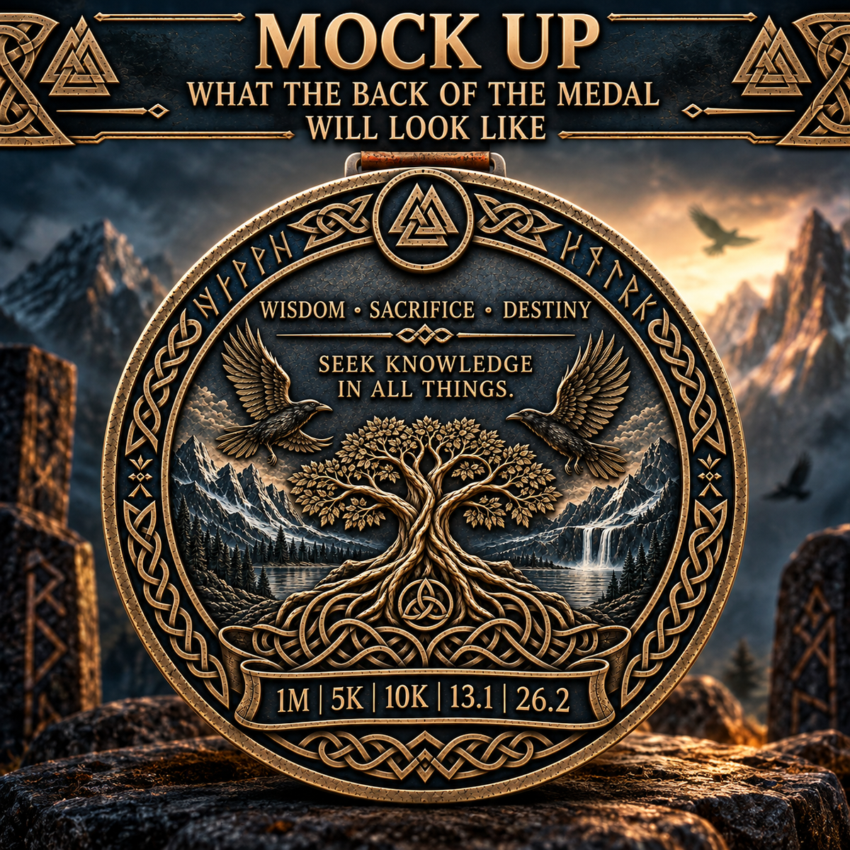 Norse Odin Virtual Race medal from VirtualRuneEvent's Gods & Warriors Series, featuring symbols of wisdom and destiny for race finishers.