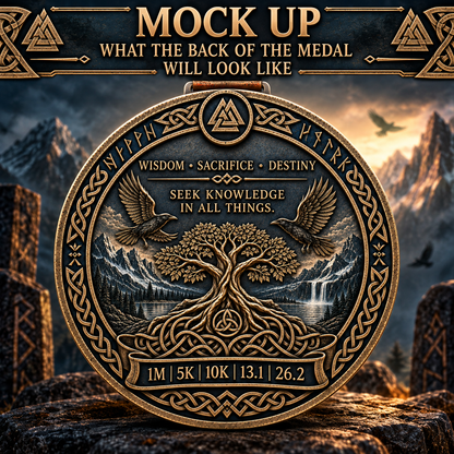 Norse Odin Virtual Race medal from VirtualRuneEvent's Gods & Warriors Series, featuring symbols of wisdom and destiny for race finishers.