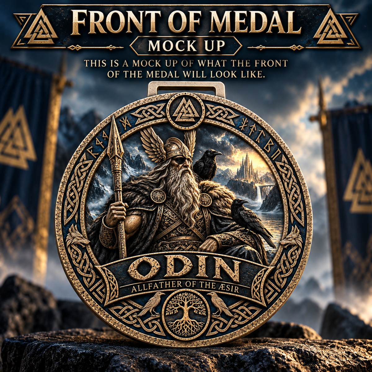 Odin Allfather medal from Virtual Race Gods & Warriors Series, featuring Norse mythology design for 1M, 5K, 10K, half and full marathons.