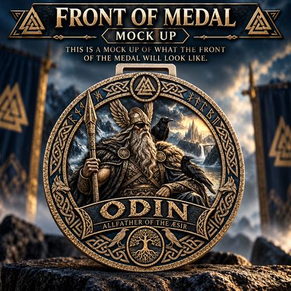 Odin Allfather medal from Virtual Race Gods & Warriors Series, featuring Norse mythology design for 1M, 5K, 10K, half and full marathons.
