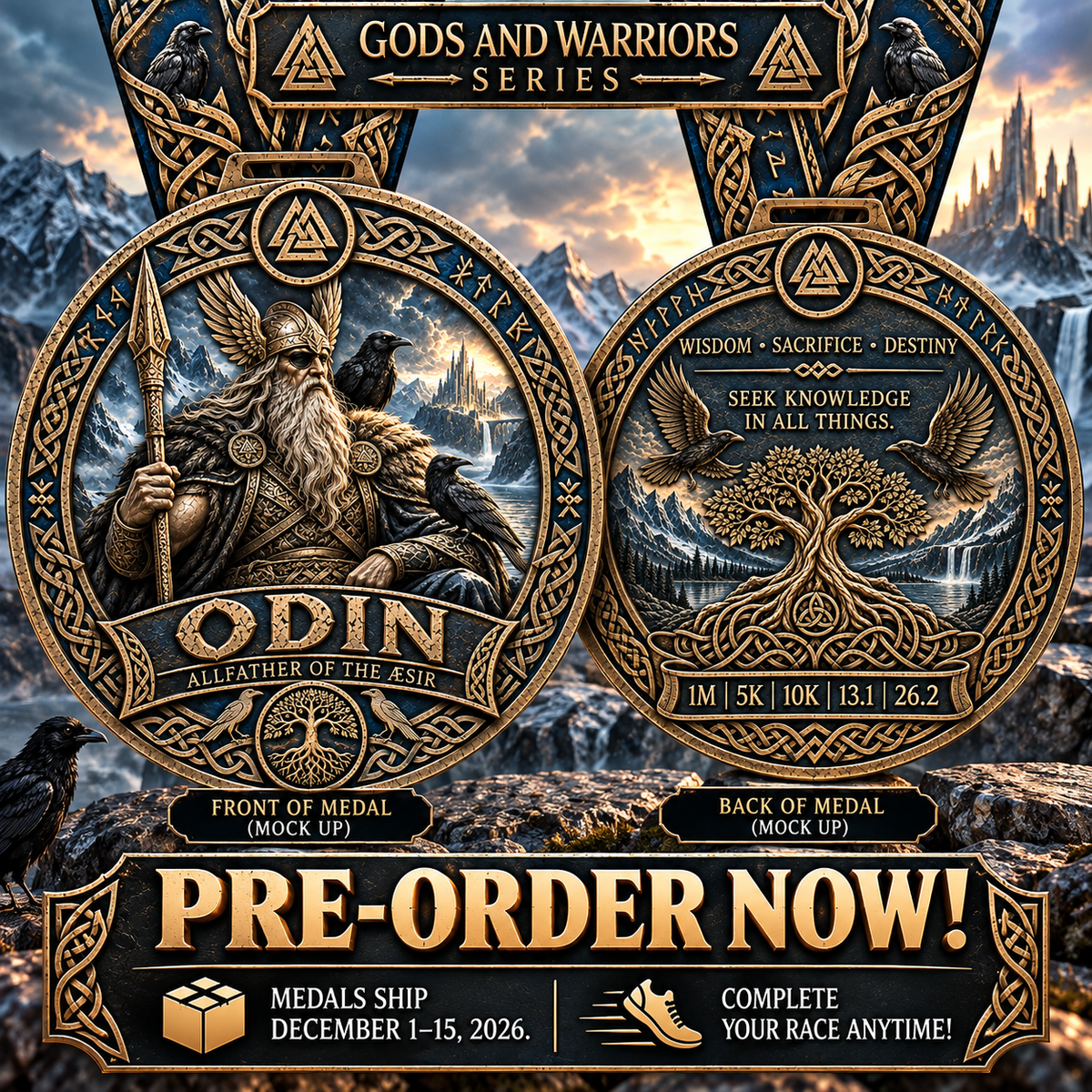 Odin Virtual Race medal from Gods & Warriors Series, featuring Norse god Odin, for 1M, 5K, 10K, half marathon, and marathon finisher.