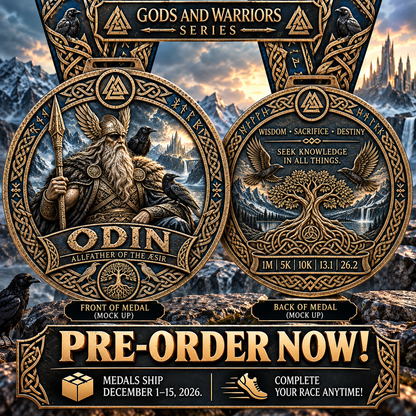 Odin Virtual Race medal from Gods & Warriors Series, featuring Norse god Odin, for 1M, 5K, 10K, half marathon, and marathon finisher.