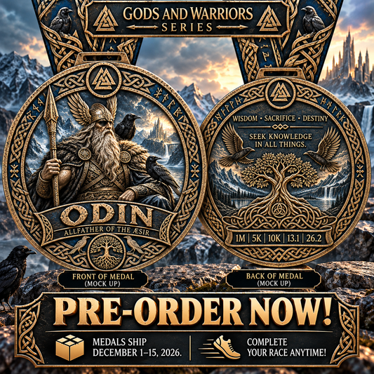 Odin Virtual Race medal from Gods & Warriors Series, featuring Norse god Odin, for 1M, 5K, 10K, half marathon, and marathon finisher.