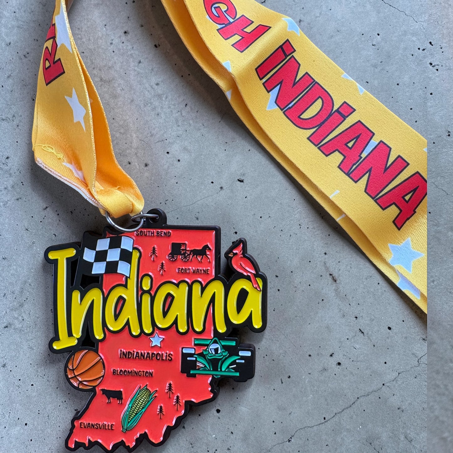 VirtualRunEvent Indiana race medal and bib for 1M, 5K, 10K, half marathon, and marathon with colorful design and event details.