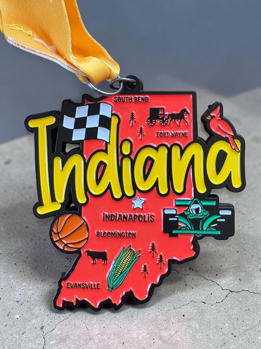 Virtualrunevent Race Through Indiana medal and bib for 1M, 5K, 10K, 13.1, and 26.2 race events, featuring colorful design.