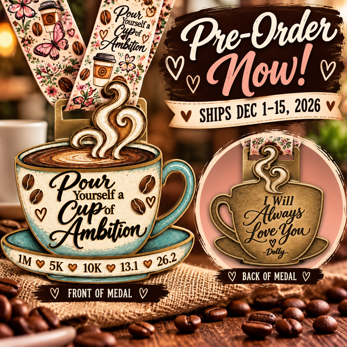 Limited edition medal for the Pour Yourself a Cup of Ambition virtual race by virtualrunevent, featuring a coffee cup design.