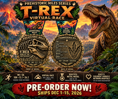 T-Rex Virtual Race – Prehistoric Miles Series | 1M 5K 10K 13.1 26.2