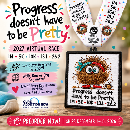 Embroidered finisher medal for the Progress Doesn't Have to Be Pretty 2027 virtual race, featuring 5K, 10K, half marathon, and marathon icons.