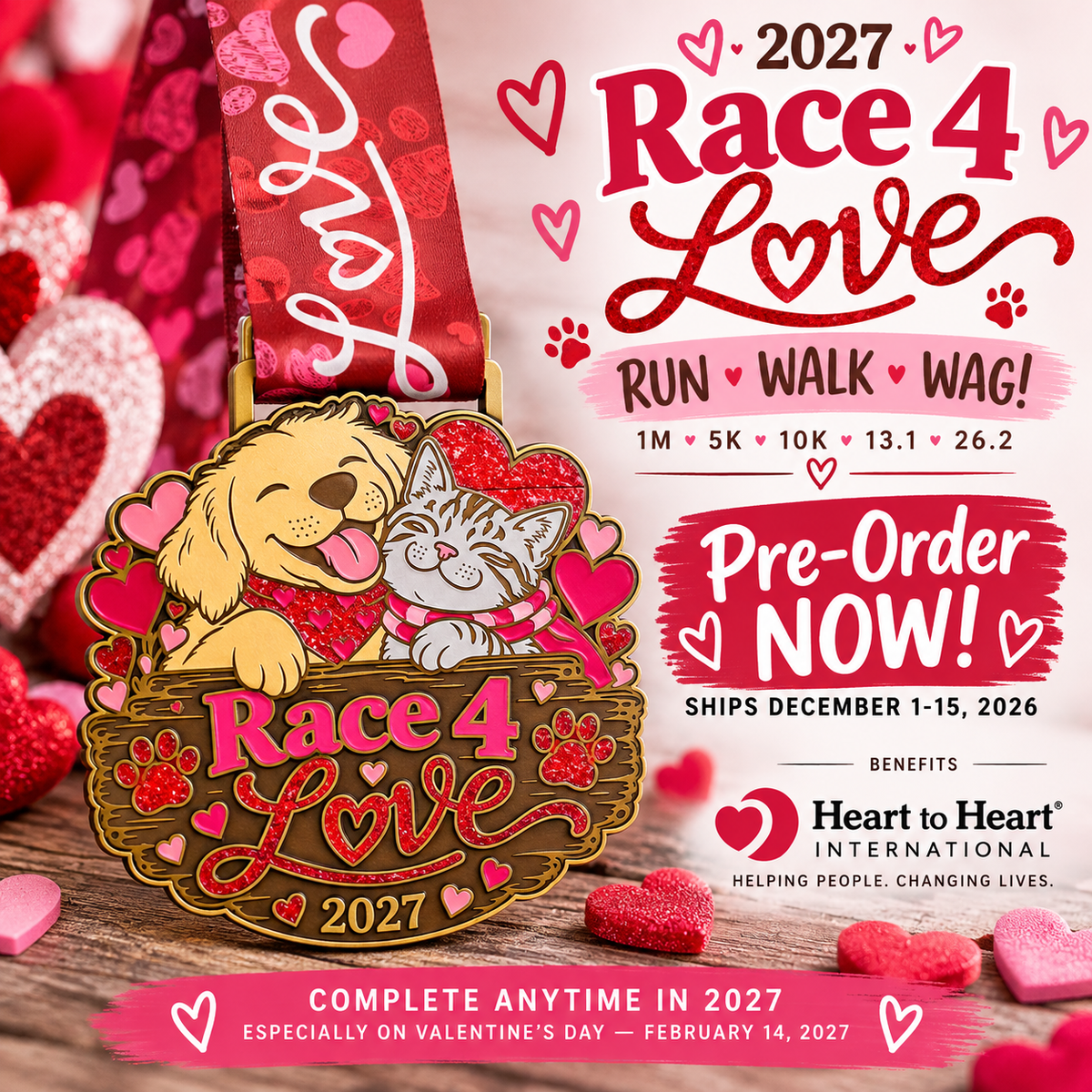 Virtualrunevent Race 4 Love Valentine's Day medal featuring cute dog and cat finisher designs for 5K, 10K, half marathon, and marathon.