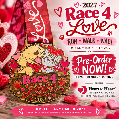 Virtualrunevent Race 4 Love Valentine's Day medal featuring cute dog and cat finisher designs for 5K, 10K, half marathon, and marathon.