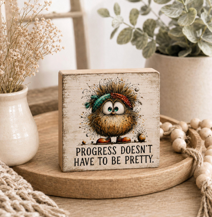SHELF SITTER -Progress Doesn’t Have to Be Pretty Wood Block Sign | Handmade by Booter Built | 4 × 4 Inches