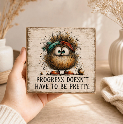 SHELF SITTER -Progress Doesn’t Have to Be Pretty Wood Block Sign | Handmade by Booter Built | 4 × 4 Inches
