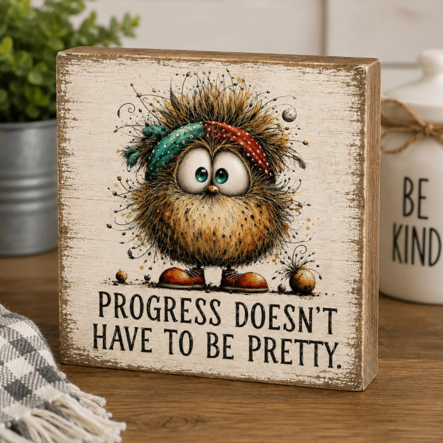 SHELF SITTER -Progress Doesn’t Have to Be Pretty Wood Block Sign | Handmade by Booter Built | 4 × 4 Inches