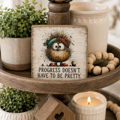 SHELF SITTER -Progress Doesn’t Have to Be Pretty Wood Block Sign | Handmade by Booter Built | 4 × 4 Inches