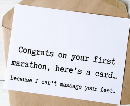 Funny marathon congratulations card from virtualrunevent featuring a foot massage illustration and race day humor design.