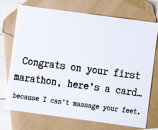 Funny marathon congratulations card from virtualrunevent featuring a foot massage illustration and race day humor design.