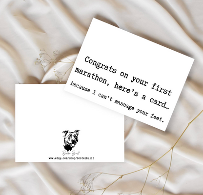 Funny marathon congratulations card by virtualrunevent featuring a foot massage and race day humor for runners.