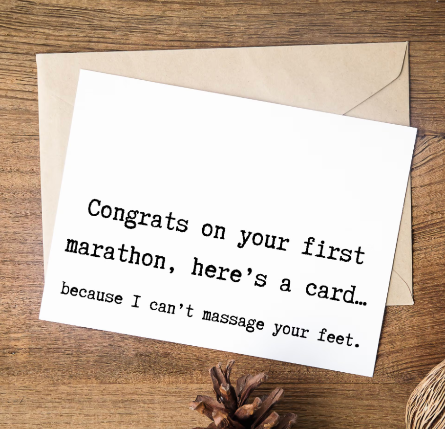 Funny marathon congratulations card by virtualrunevent featuring a foot massage illustration and race day humor for runners.