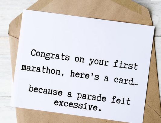 Funny marathon congratulations card by virtualrunevent featuring a runner gift and parade theme, with colorful celebratory design.