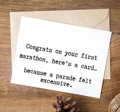 Funny Marathon Congratulations Card: First Marathon, Runner Gift, Parade