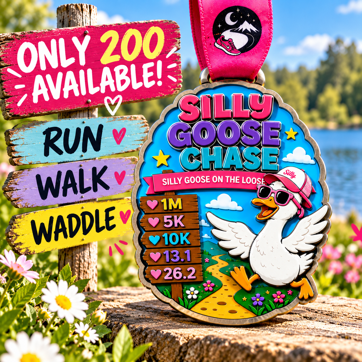 Silly Goose Chase virtual race medal by virtualrunevent featuring a colorful goose design for 1M, 5K, 10K, half marathon, and marathon.