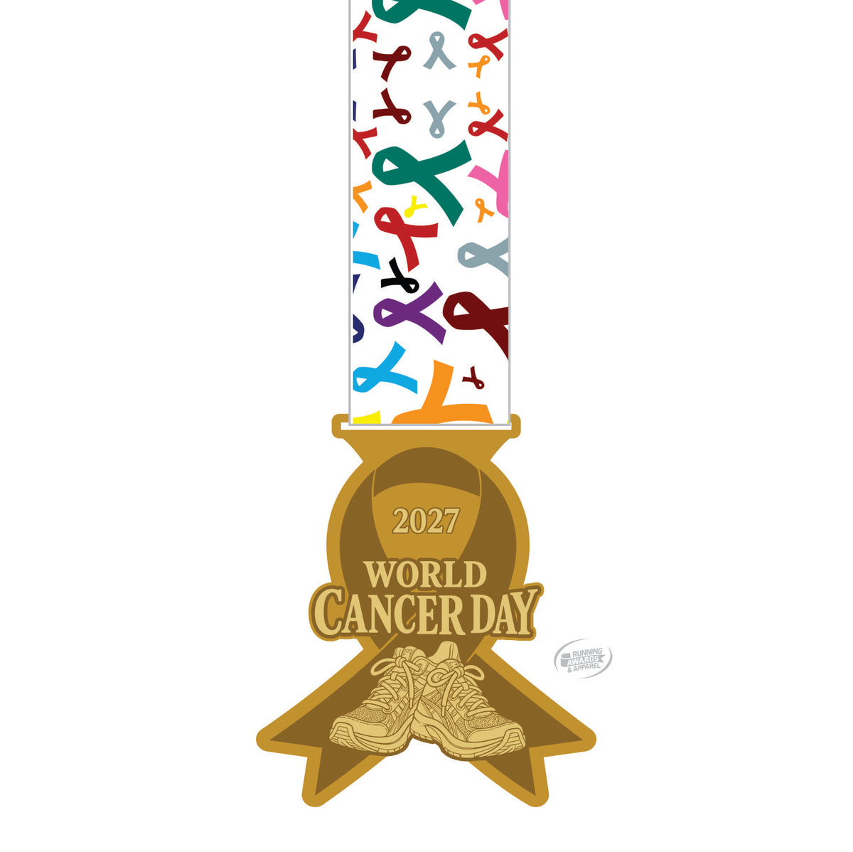 Virtualrunevent 2027 World Cancer Day virtual race finisher medal for 5K, 10K, Half Marathon, and Marathon, highlighting cancer awareness.
