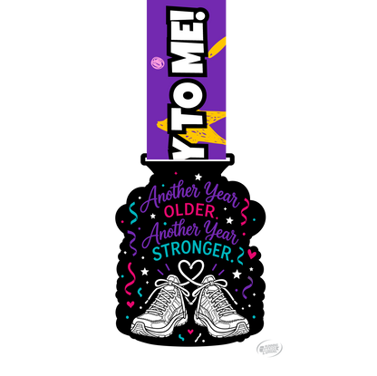 Virtualrunevent Happy Birthday to Me 2027 medal for virtual race, featuring a colorful design and birthday theme for finisher recognition.
