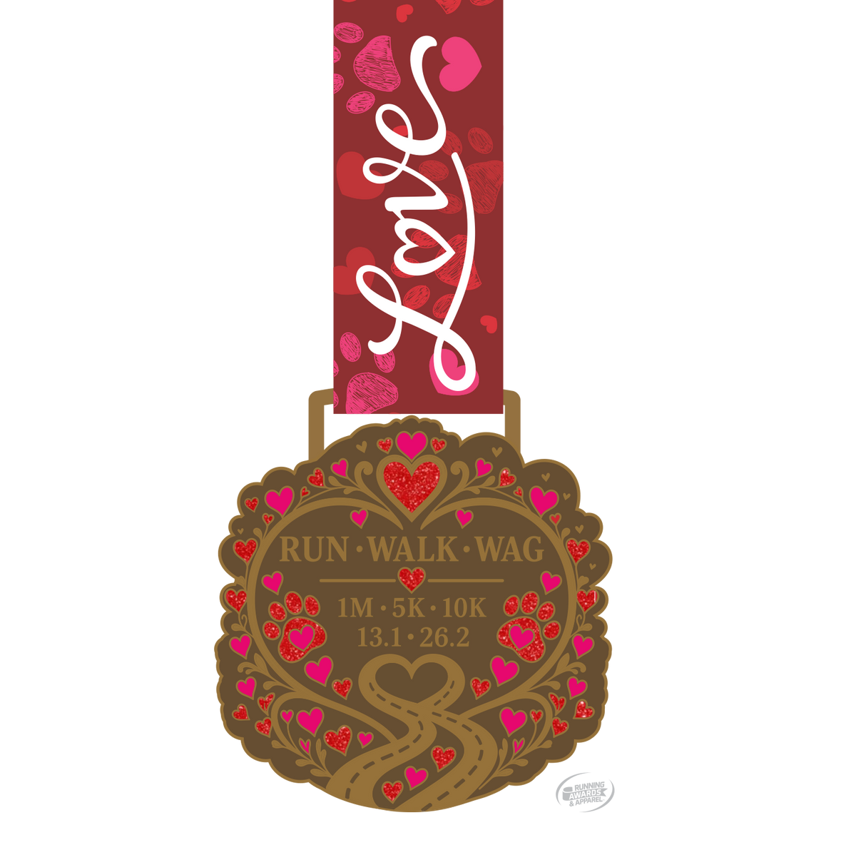 Virtualrunevent 2027 Race 4 Love medal featuring a cute dog and cat, awarded for Valentine's Day virtual 5K, 10K, half marathon, or marathon.