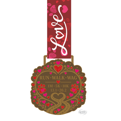 Virtualrunevent 2027 Race 4 Love medal featuring a cute dog and cat, awarded for Valentine's Day virtual 5K, 10K, half marathon, or marathon.