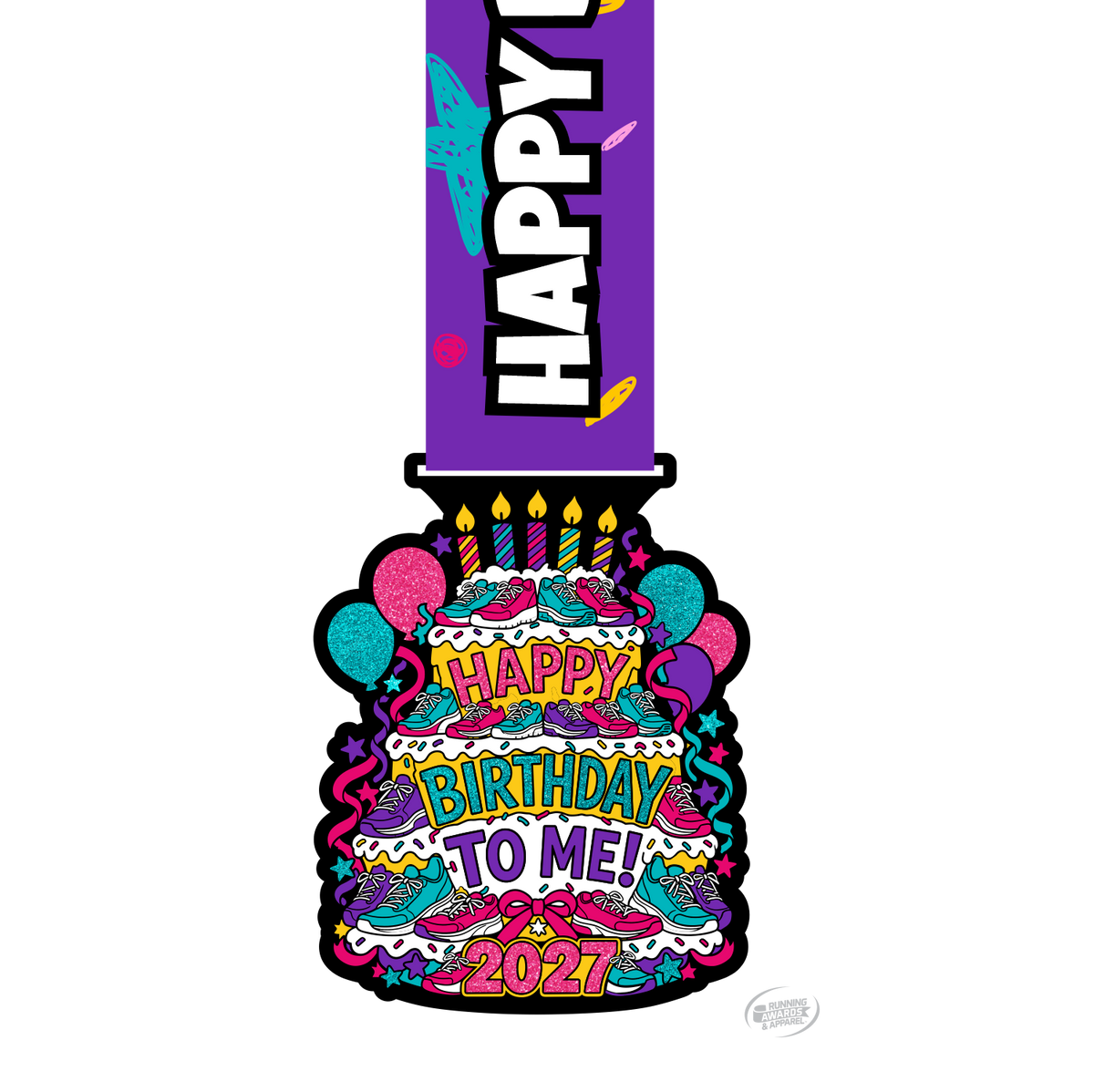 Happy Birthday to Me 2027 virtual race medal by virtualrunevent, featuring a festive design for 5K, 10K, half marathon, and marathon finisher