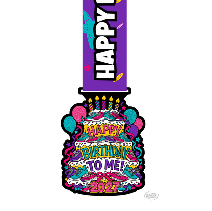 Happy Birthday to Me 2027 virtual race medal by virtualrunevent, featuring a festive design for 5K, 10K, half marathon, and marathon finisher